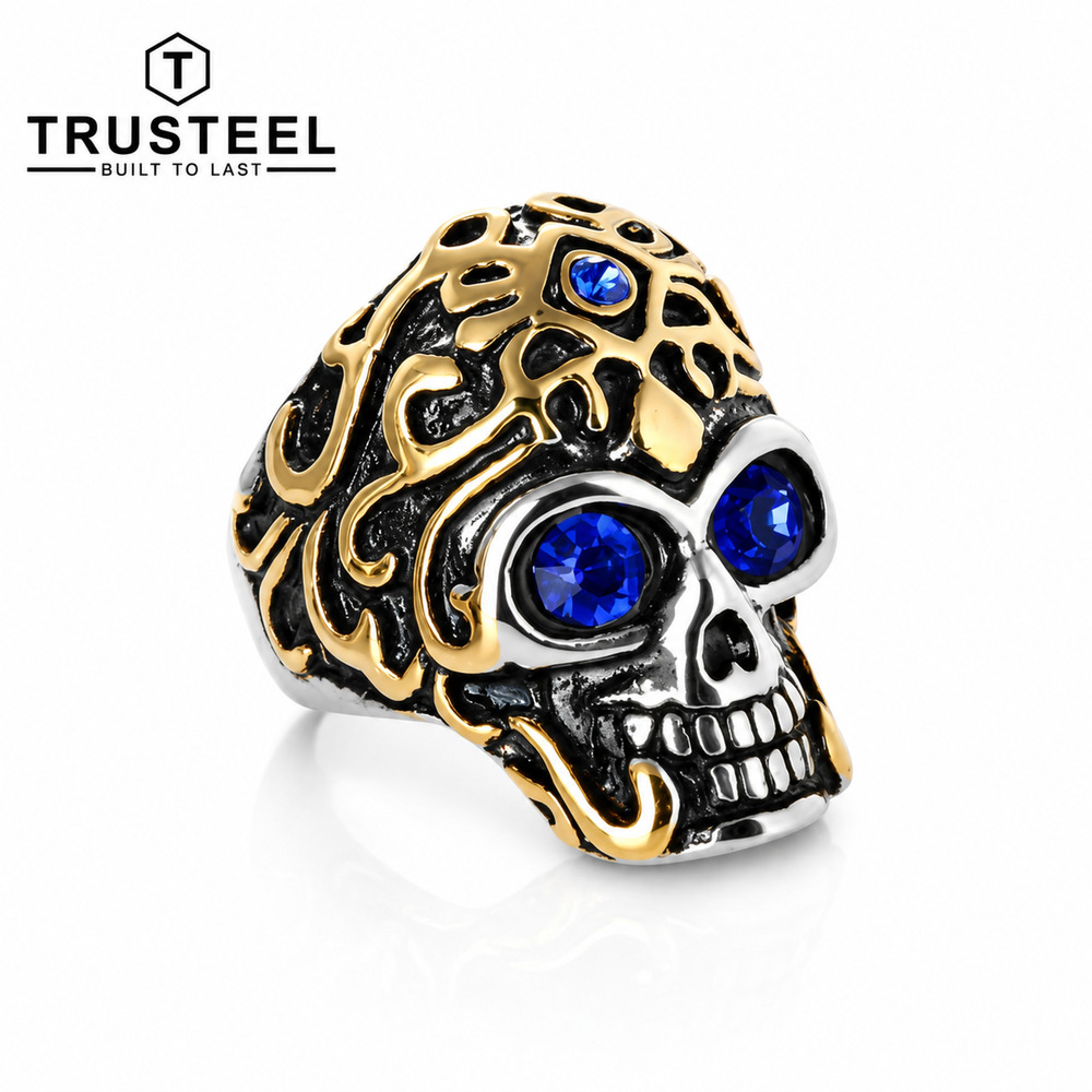 Men’s Skull Ring Blue CZ Eyes Gold 316L Stainless Steel Gothic Biker Size 10